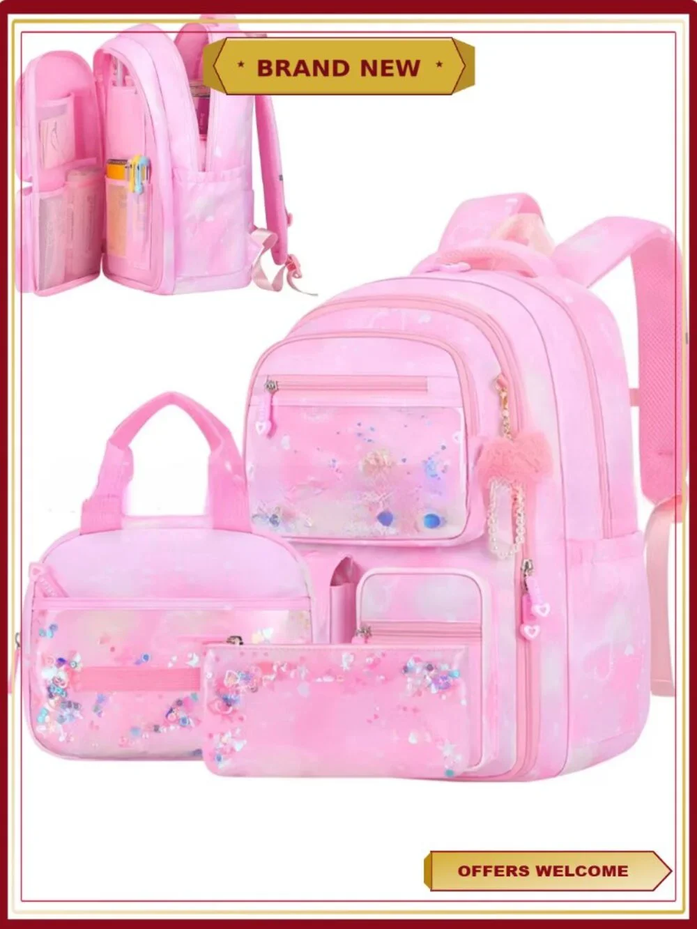 Girls School Backpack Set with Lunch Bag and Pencil Case, Lightweight Multi